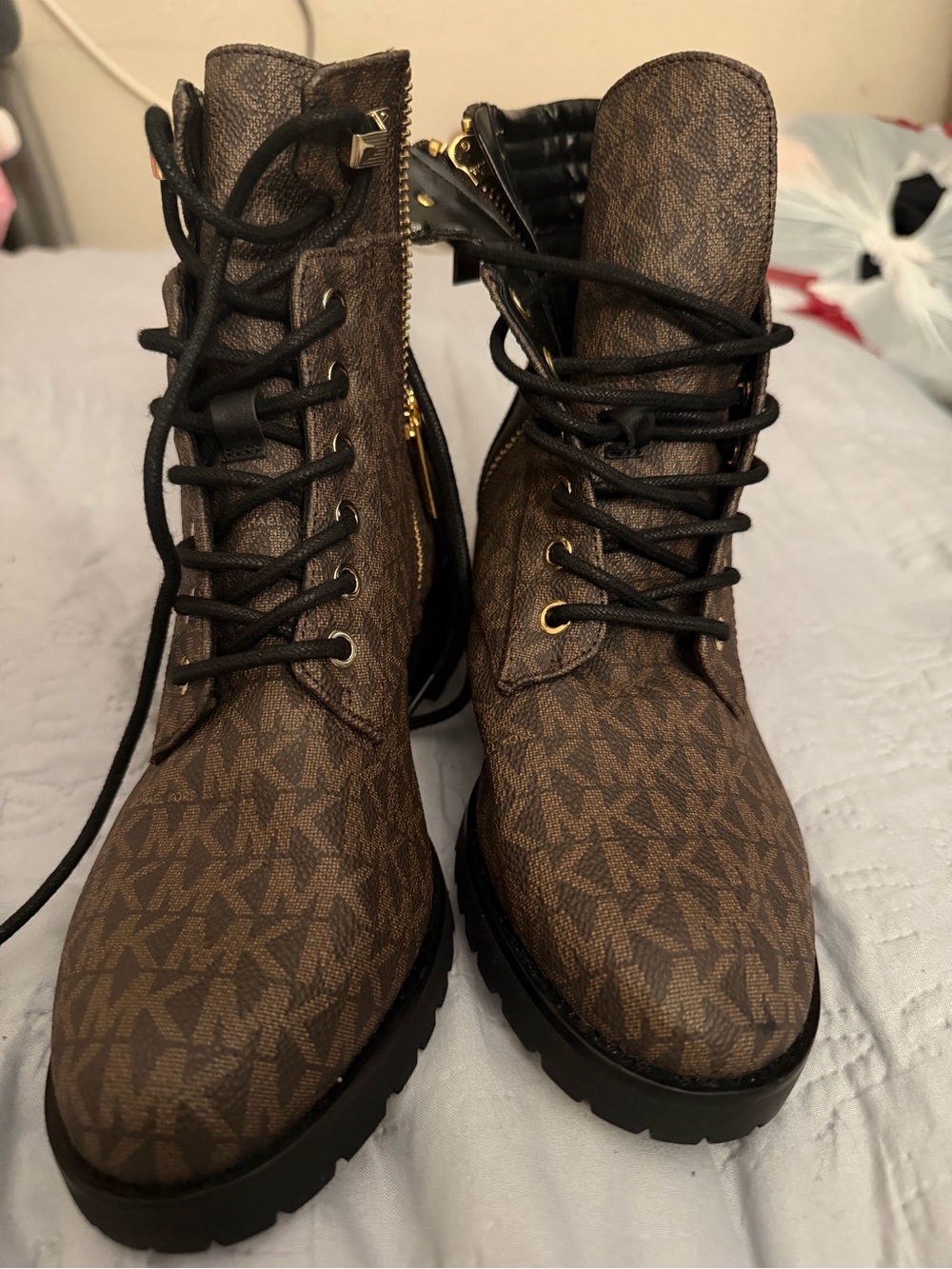 Michael Kors Brown Monogram Lace-Up Ankle Boots - Picture 3 of 4